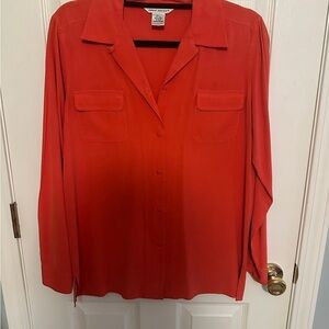 Orange Red Long Sleeve Notched Collar Blouse